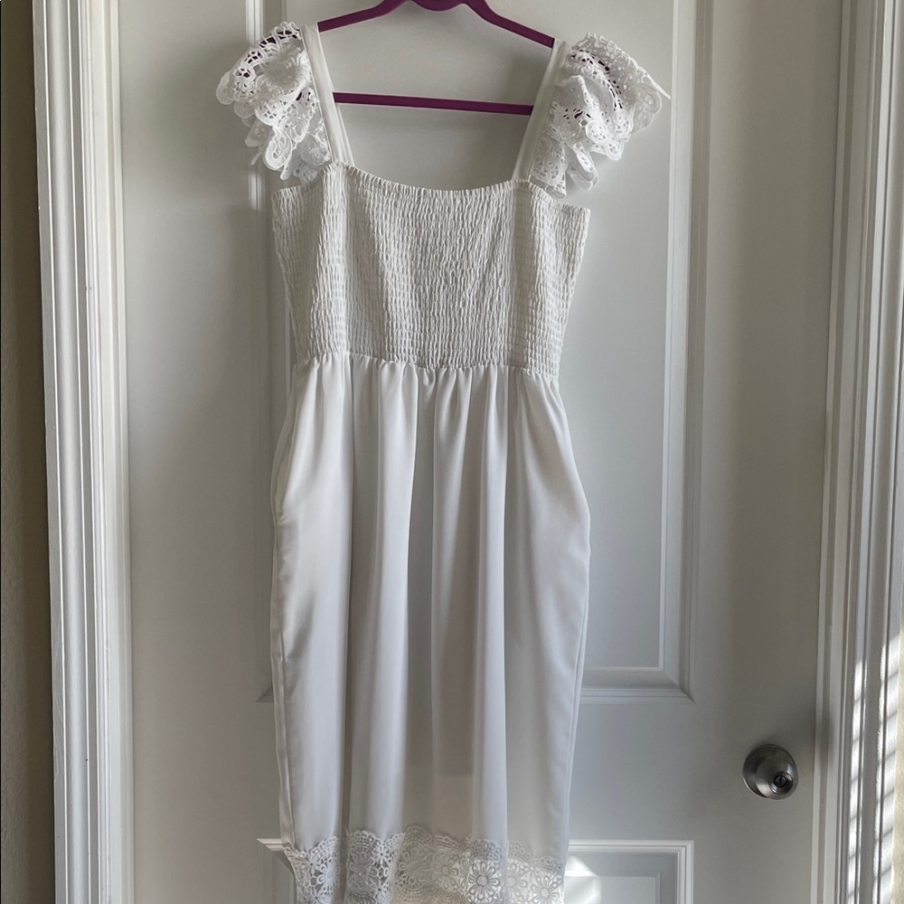 White Maxi Dress with lace, smocked, pockets, flutter sleeve, spring summer - Picture 2 of 16